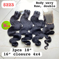 3pcs 18" + 16" Closure 4x4 Body Wavy Raw Double