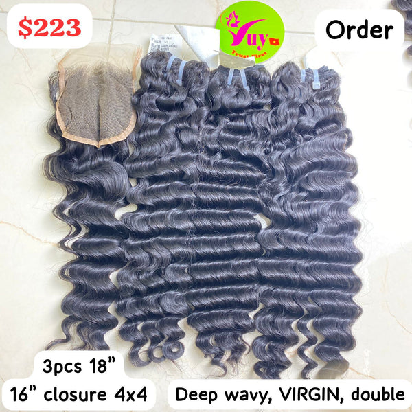 3pcs 18" + 16" Closure 4x4 Deep Wavy Virgin Double