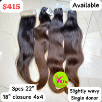 3pcs 22" + 18" closure 4x4 Slightly Wavy Single Donor