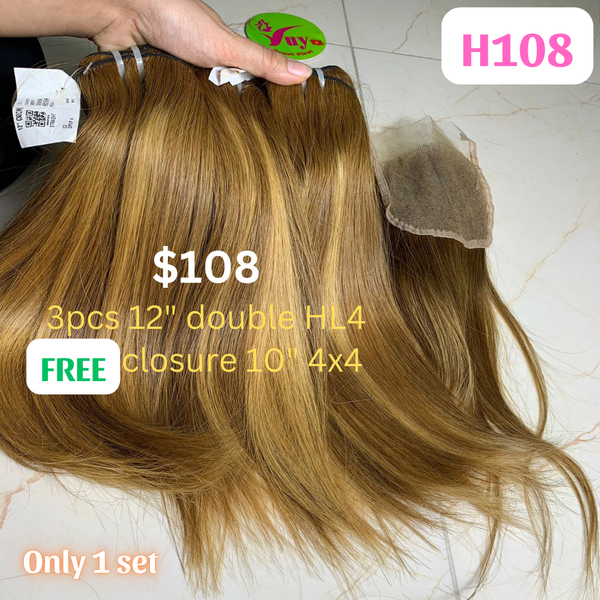 3pcs 12" straight double drawn highlight HL4 color hair (Free 10" 4x4 closure)