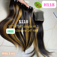 12"14"14" straight double drawn highlight HL1 color hair (Free 14" 4x4 closure)