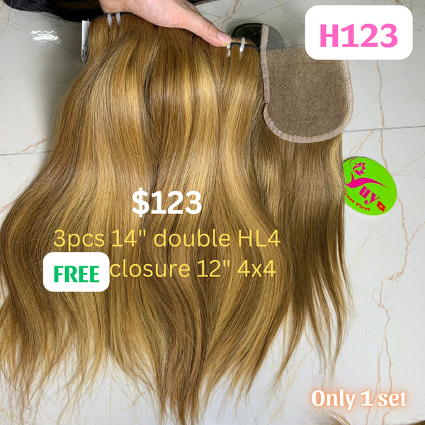 3pcs 14" straight double drawn highlight HL4 color hair (Free 12" 4x4 closure)