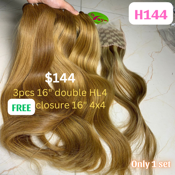 3pcs 16" straight double drawn highlight HL4 color hair (Free 16" 4x4 closure)