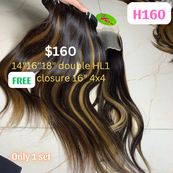 14"16"18" straight double drawn highlight HL1 color hair (Free 16" 4x4 closure)