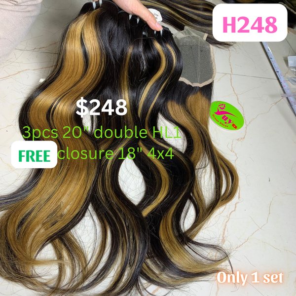 3pcs 20" straight double drawn highlight HL1 color hair (Free 18" 4x4 closure)