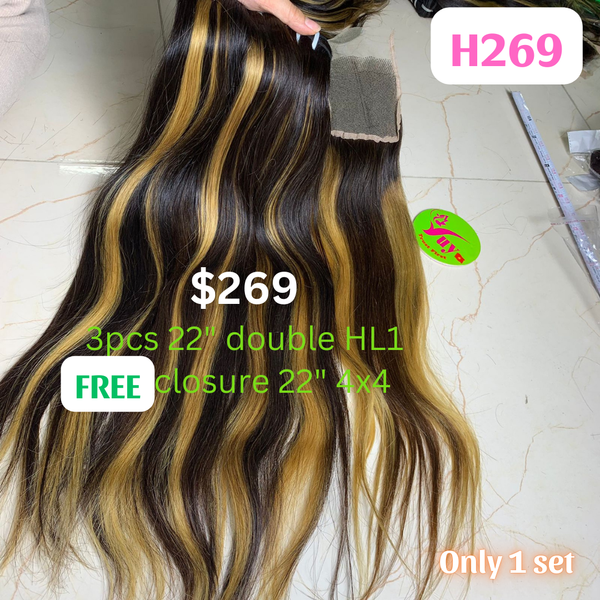 3pcs 22" straight double drawn highlight HL1 color hair (Free 22" 4x4 closure)