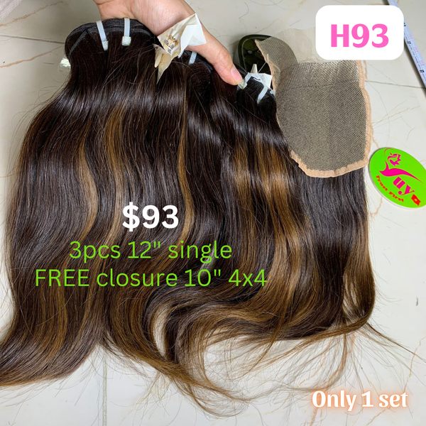 3pcs 12" slight wave single drawn highlight HL1 color hair (Free 10" 4x4 closure)