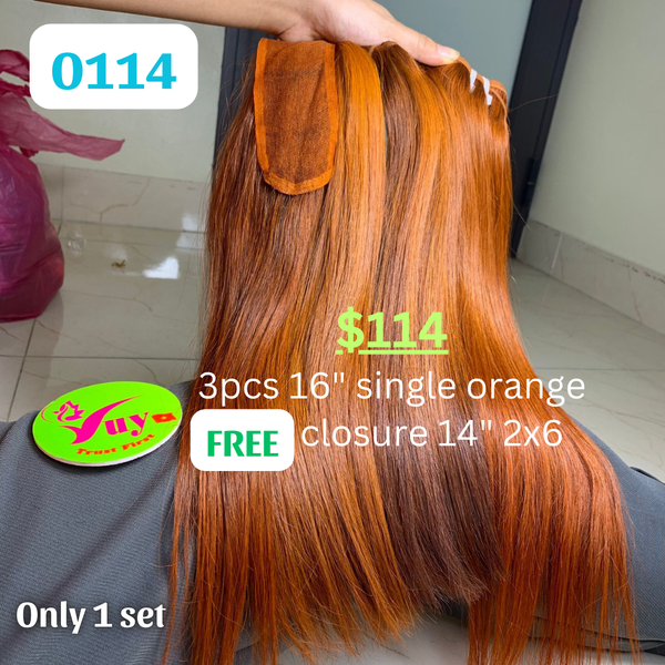 3pcs 16" straight single drawn orange color hair (Free 14" 2x6 closure)