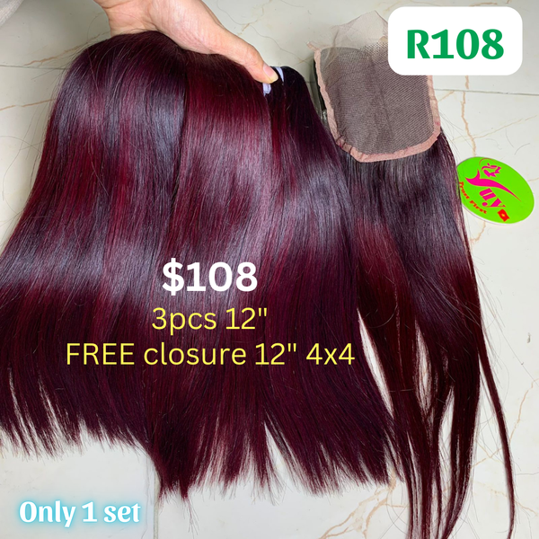 3pcs 12" straight double drawn highlight wine color hair (Free 12" 4x4 closure)