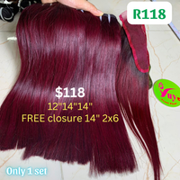 12"14"14" straight double drawn wine color hair (Free 14" 2x6 closure)