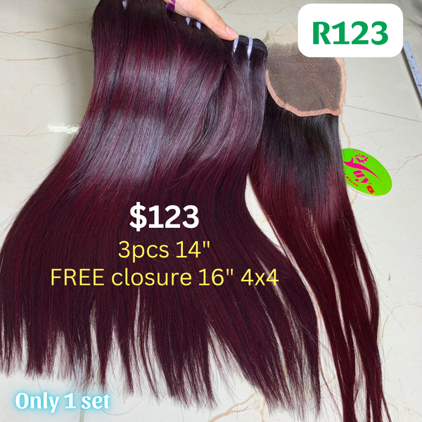 3pcs 14" straight double drawn highlight wine color hair (Free 16" 4x4 closure)