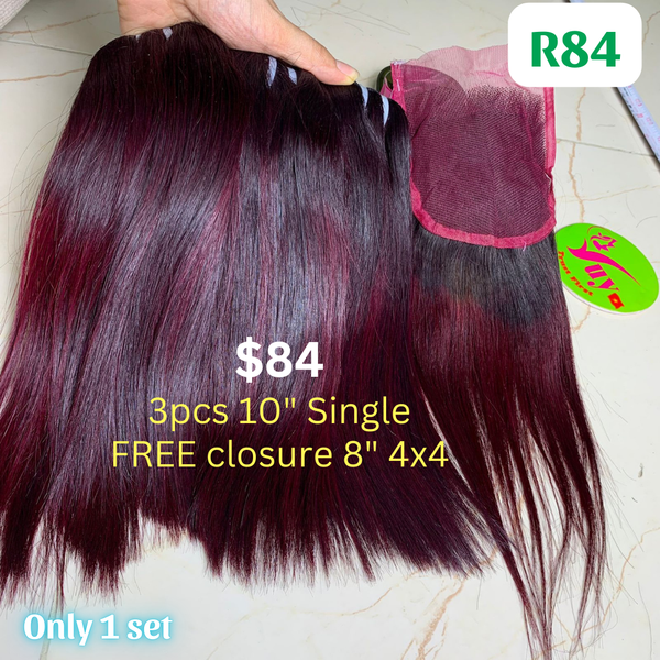 3pcs 10" straight single drawn highlight wine color hair (Free 8" 4x4 closure)