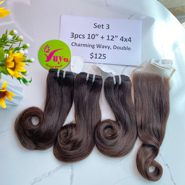 3pcs 10" and 12" Closure 4x4, Charming Wavy, Double Drawn, Raw hair (R48)