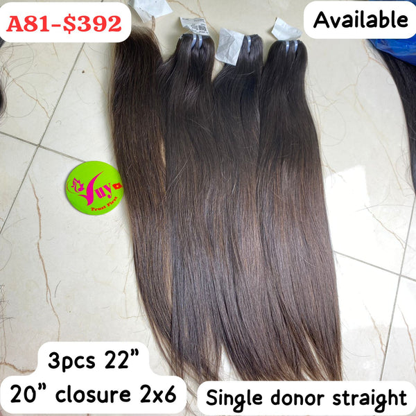 3pcs 22" bundles and 20" 2x6 closure straight single donor hair (A81)