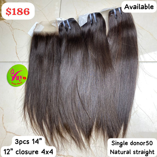 3pcs 14" bundles and 12" 4x4 closure straight single donor50 hair