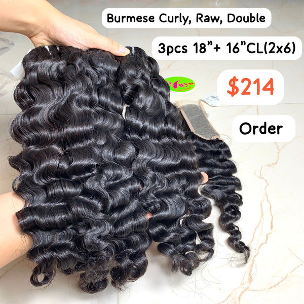 3pcs 18''+16''CL(2x6) Burmese Curly Raw Double