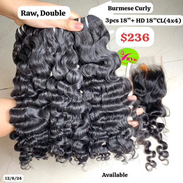 3pcs 18" and 18" 4x4 HD lace closure Burmese curly Double drawn Raw hair