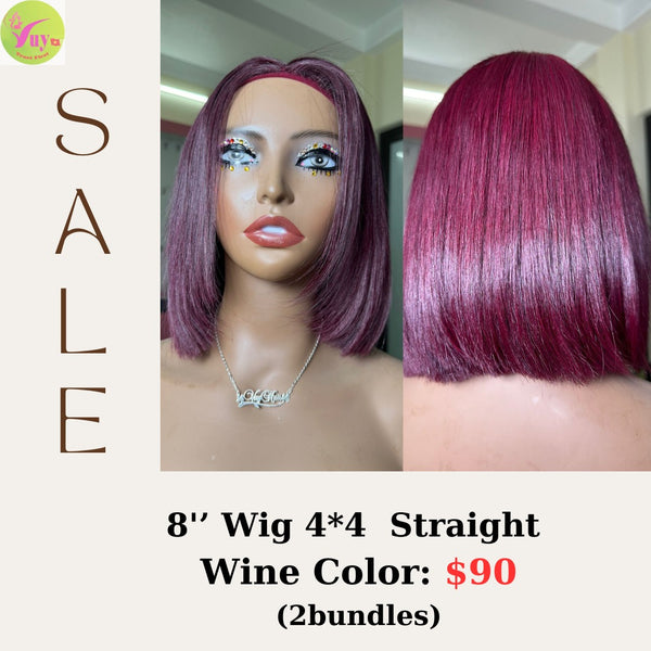 8" 4x4 lace closure wig Straight wine color (from 2 bundles)