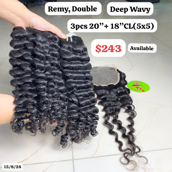 3pcs 20" bundles and 18" 5x5 closure Deep wave double drawn remy hair