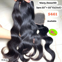 3pcs 22" and 22" 5x5 closure Wavy single donor hair