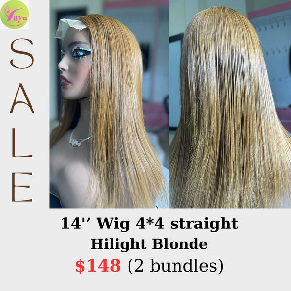 14" 4x4 closure wig straight highlight blonde color hair (from 2 bundles)