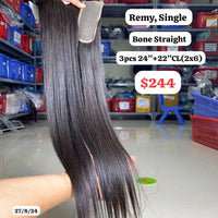 3pcs 24" and 22" 2x6 closure Bone straight single drawn remy hair