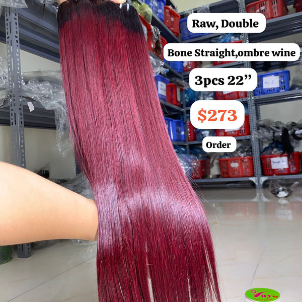 3pcs 22" Bone straight ombre wine color double drawn raw hair