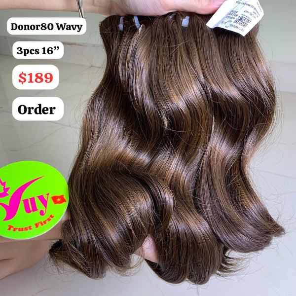 3pcs 16" Natural wavy single donor 80 brown color hair