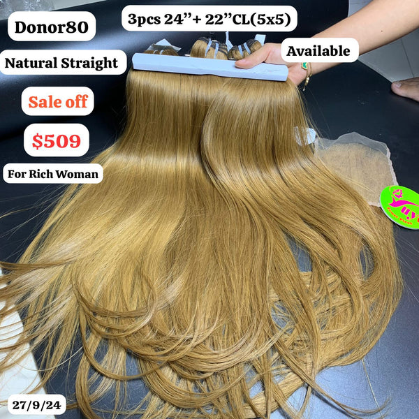 3pcs 24" and 22" 5x5 closure Straight dark blonde color single donor 80 hair