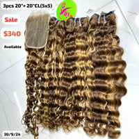 3pcs 20" Deep wave and 20" 5x5 closure double drawn highlight HL4 raw hair