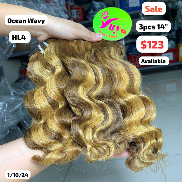 3pcs 14" Ocean wavy double drawn highlight HL4 color hair