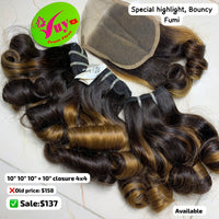 3pcs 10" and 10" 4x4 closure Bouncy funmi double drawn special highlight color hair