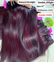 3pcs 12" Straight double drawn highlight wine color hair