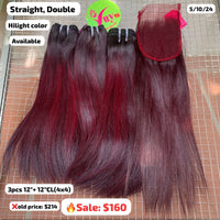 3pcs 12" and 12" 4x4 closure Straight double drawn highlight wine color hair