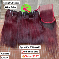 3pcs 8" and 8" 4x4 closure Straight double drawn wine color hair