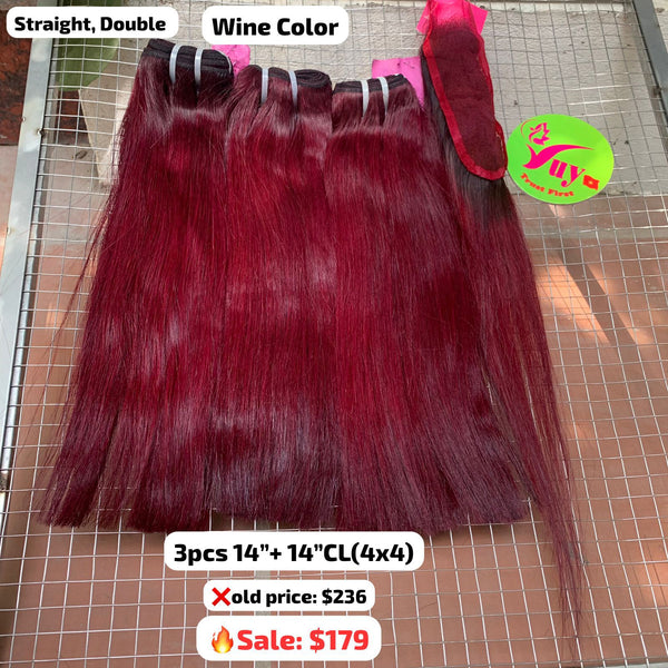 3pcs 14" and 14" 4x4 closure Straight double drawn wine color hair