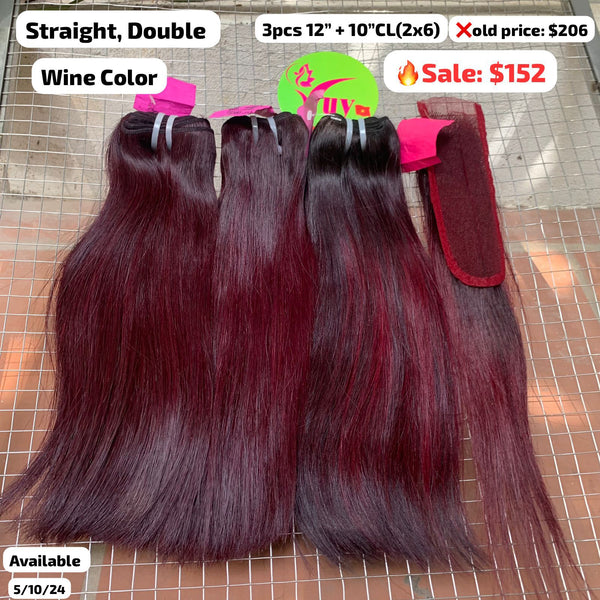 3pcs 12" and 10" 2x6 closure Straight double drawn wine color hair