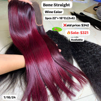 3pcs 22" and 18" 2x6 closure Bone straight double drawn wine color hair