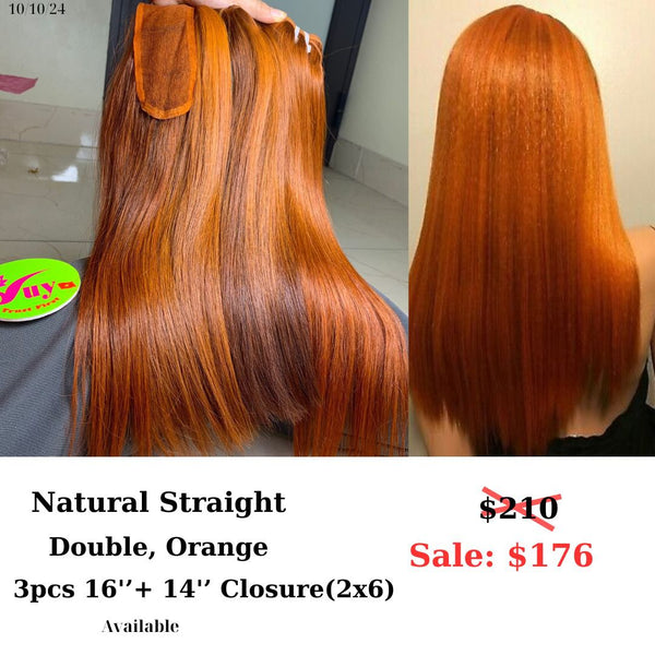 3pcs 16" and 14" 2x6 closure Straight double drawn orange color hair