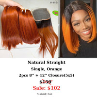 2pcs 8" and 12" 5x5 closure Straight single drawn orange color hair