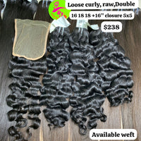 16"18"18" bundles and 16" 5x5 closure Loose curly double drawn raw hair