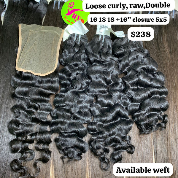 16"18"18" bundles and 16" 5x5 closure Loose curly double drawn raw hair