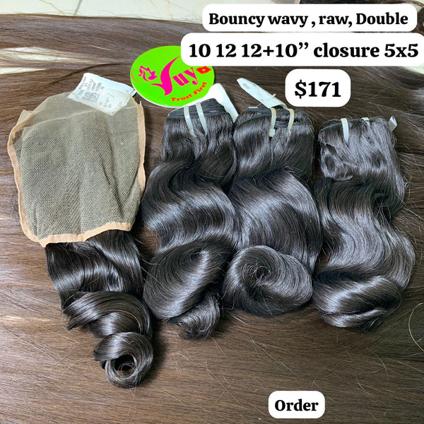 10"12"12" bundles and 10" 5x5 closure Bouncy wave double drawn raw hair