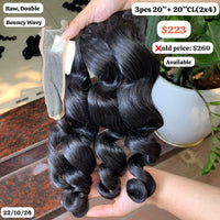 3pcs 20" and 20" 2x4 closure Bouncy wave double drawn raw hair