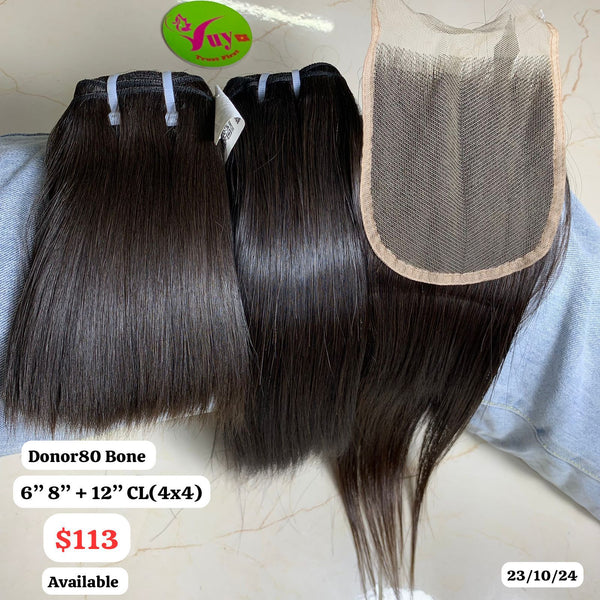 6"8" bundles and 12" 4x4 closure Bone straight single donor 80 hair