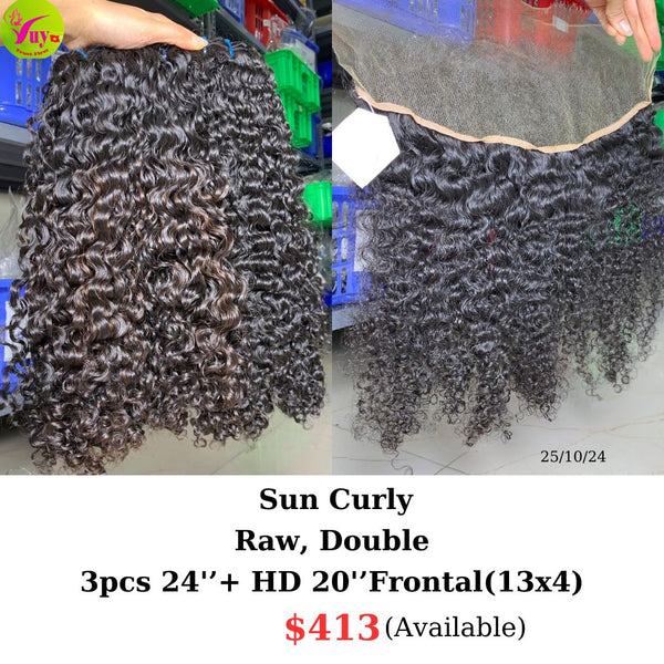 3pcs 24" and 20" HD frontal 13x4 Sun curly double drawn raw hair