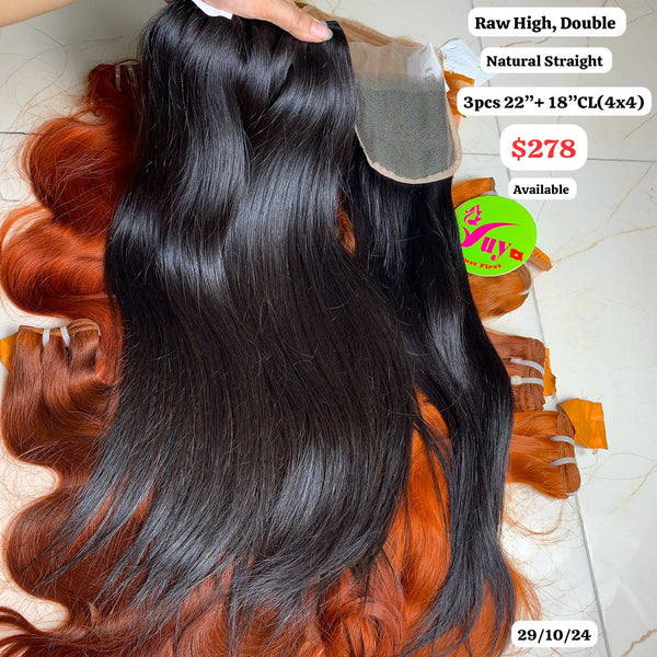 3pcs 22" and 18" 4x4 closure Straight double drawn raw hair high quality