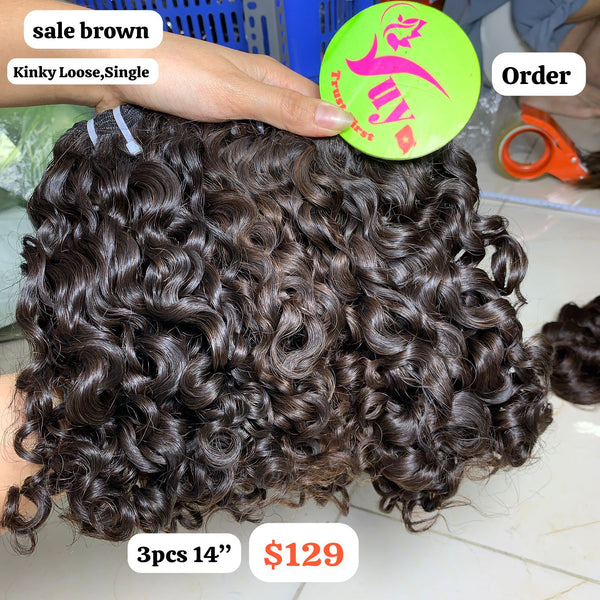 3pcs 14" Kinky loose curly single drawn brown color hair