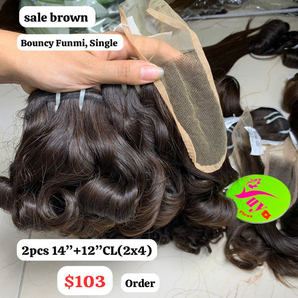 2pcs 14" and 12" 2x4 closure Bouncy funmi single drawn brown color hair