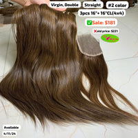 3pcs 16" and 16" 4x4 closure Straight double drawn #2 color virgin hair